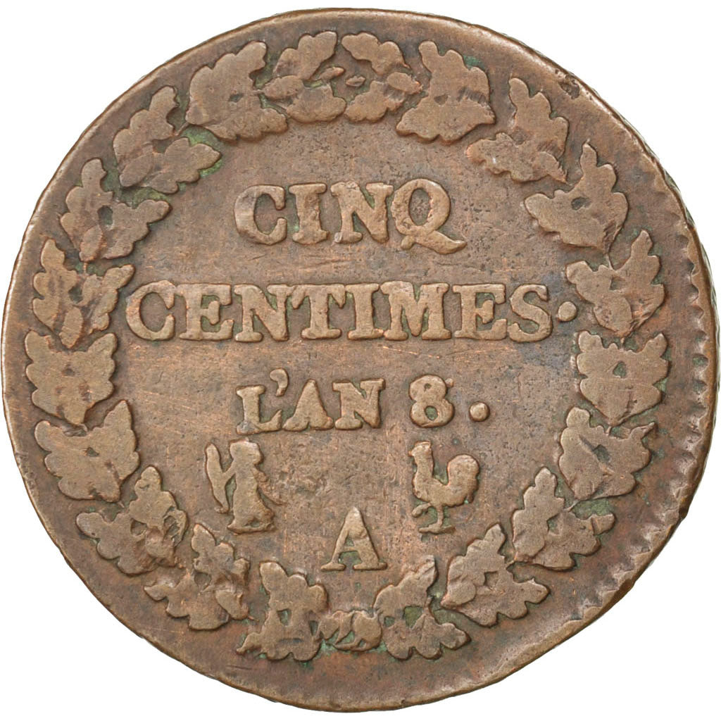 FRANCE, Dupré, 5 Centimes, 1799, Paris, KM #640.1, VF(20-25), Bronze, 28, Gadour