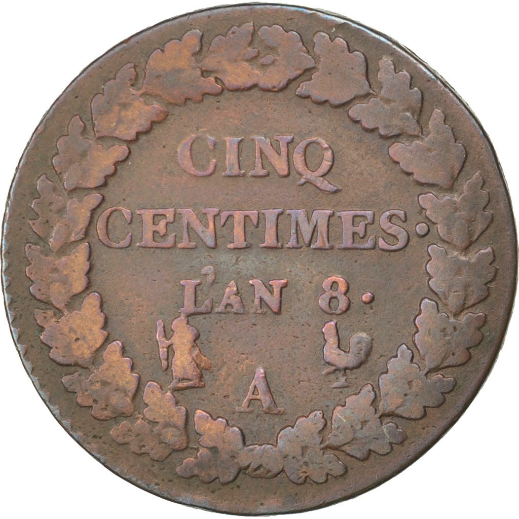 FRANCE, Dupré, 5 Centimes, 1799, Paris, KM #640.1, VF(20-25), Bronze, 28, Gadour