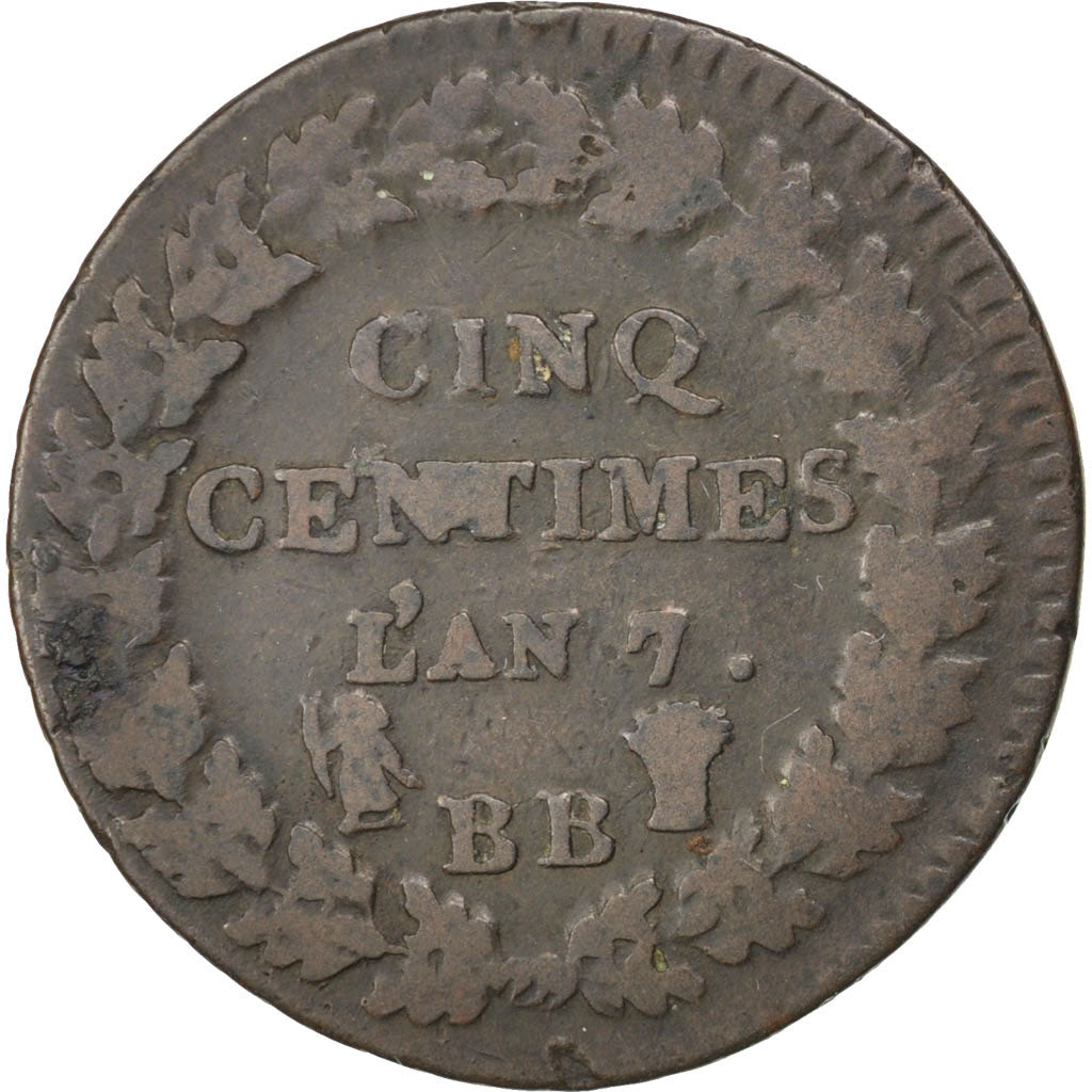 FRANCE, Dupré, 5 Centimes, 1798, Strasbourg, KM #640.4, VF(20-25), Bronze, 28, G