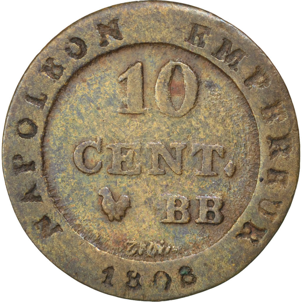 FRANCE, Napoléon I, 10 Centimes, 1808, Strasbourg, KM #676.3, VF(30-35), Billon,