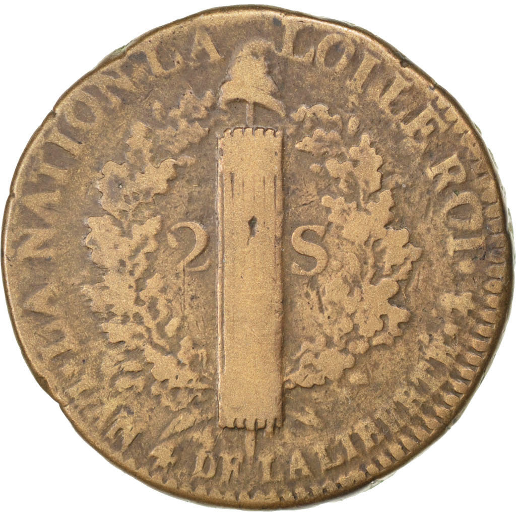 Monnaie, France, Louis XV, Double sol (2 sous) en billon, 2 Sols, 1792, Paris