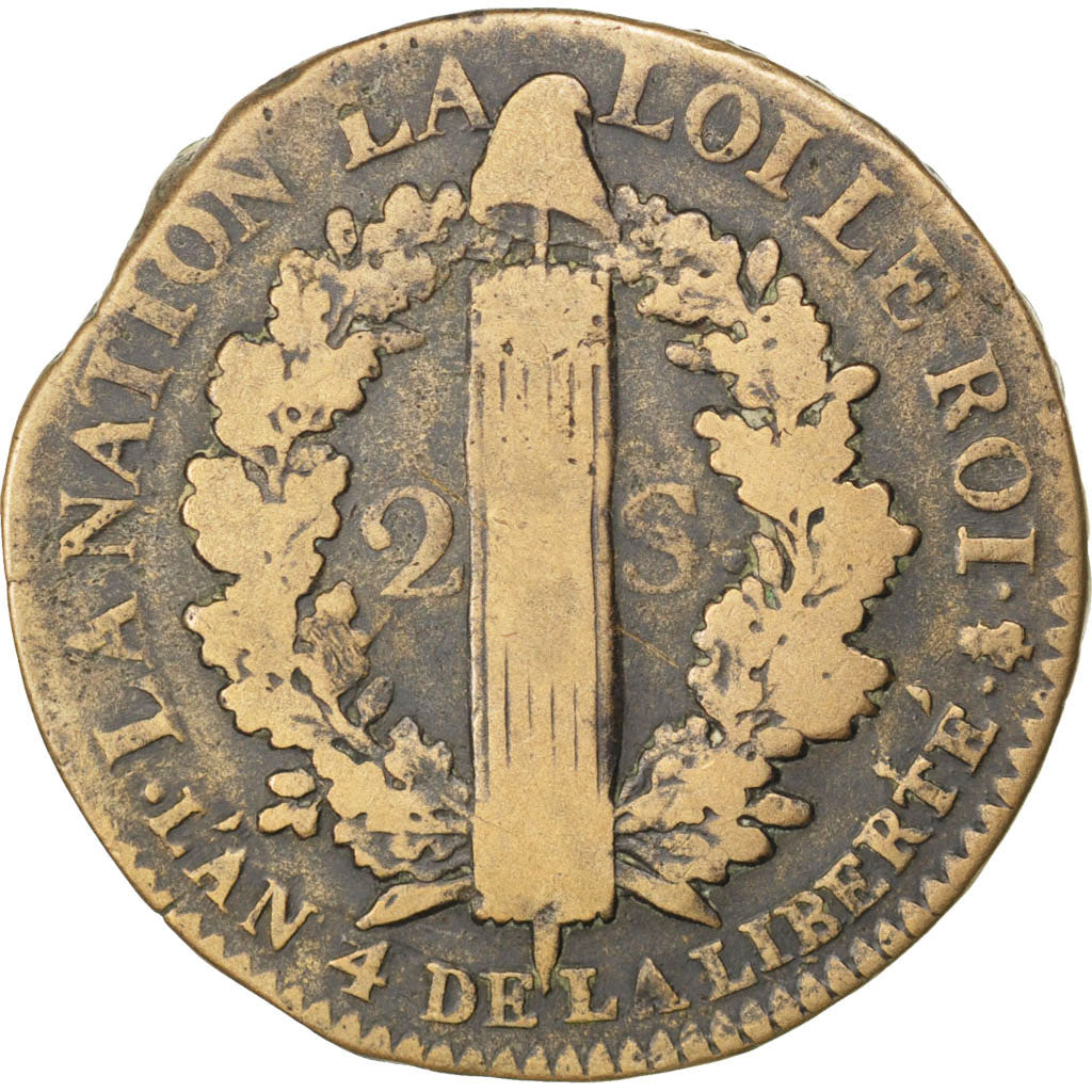 Francia, 2 sols françois, 2 Sols, 1792, Paris, MB, Bronzo, KM:603.1, Gadoury:25