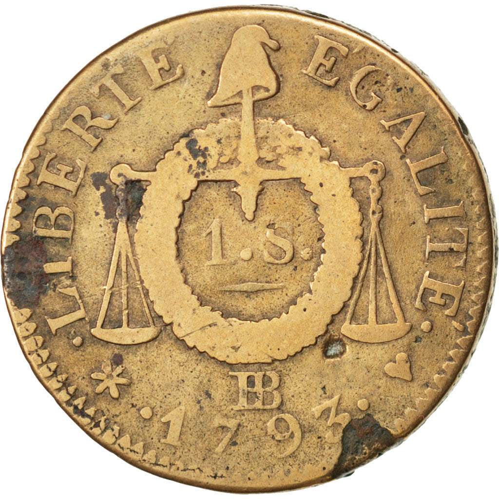 FRANCE, Sol aux balances françoise, Sol, 1793, Strasbourg, KM #619.4, F(12-15), 