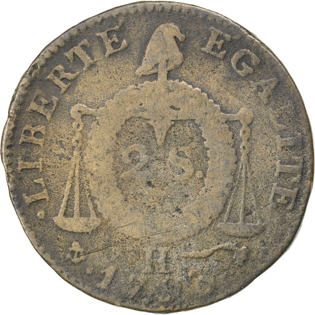 FRANCE, 2 sols aux balances daté, 2 Sols, 1793, La Rochelle, KM #621.6, F(12-15)