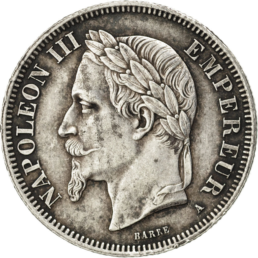 FRANCE, Napoléon III, 2 Francs, 1867, Paris, KM #807.1, AU(50-53), Silver, G...