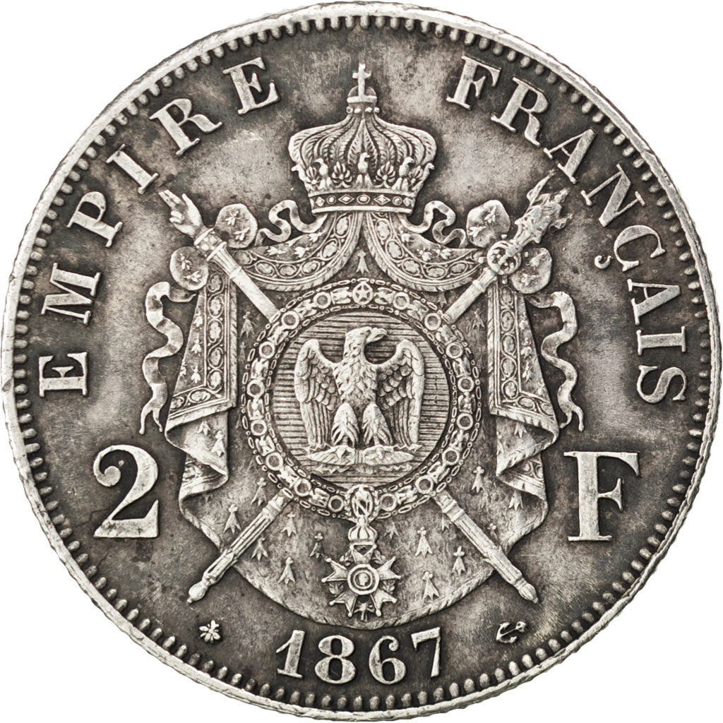 FRANCE, Napoléon III, 2 Francs, 1867, Paris, KM #807.1, AU(50-53), Silver, G...