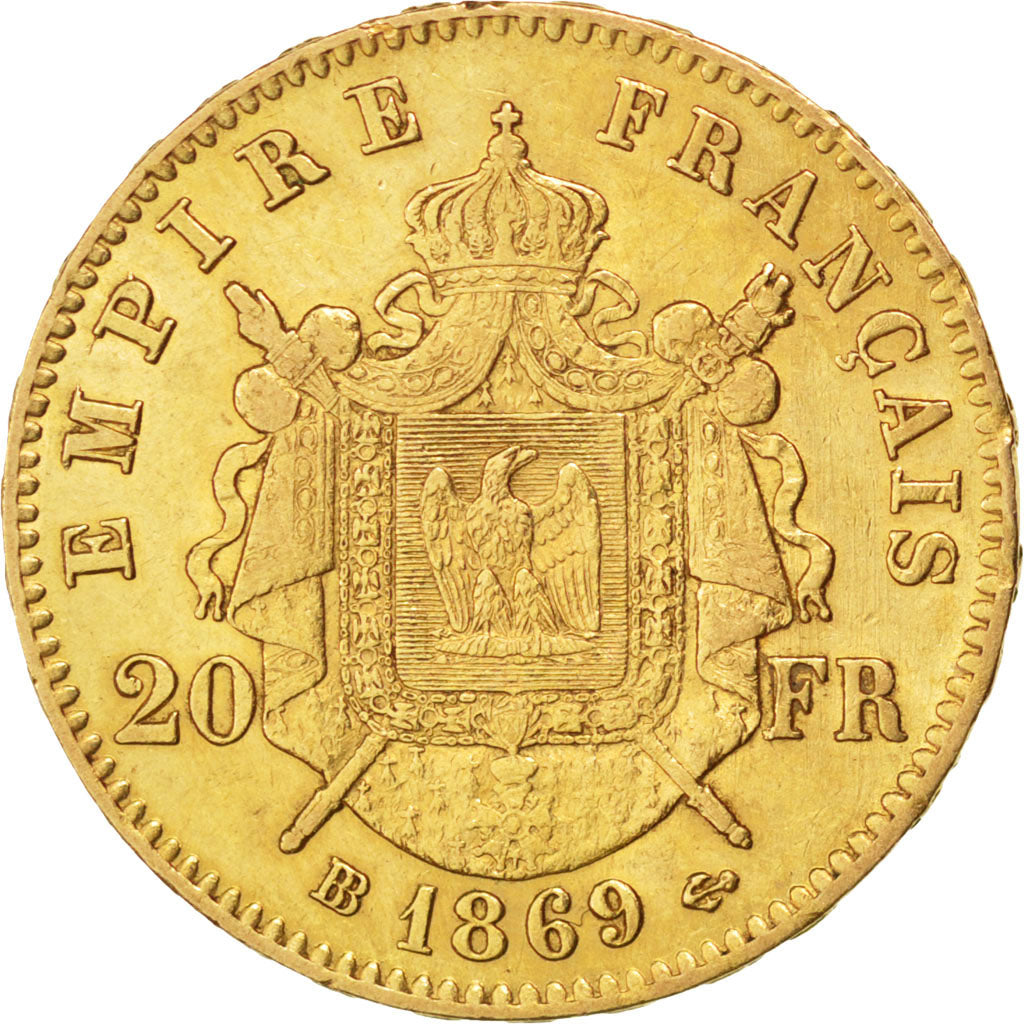 FRANCE, Napoléon III, 20 Francs, 1869, Strasbourg, KM #801.2, AU(50-53), Gold, G