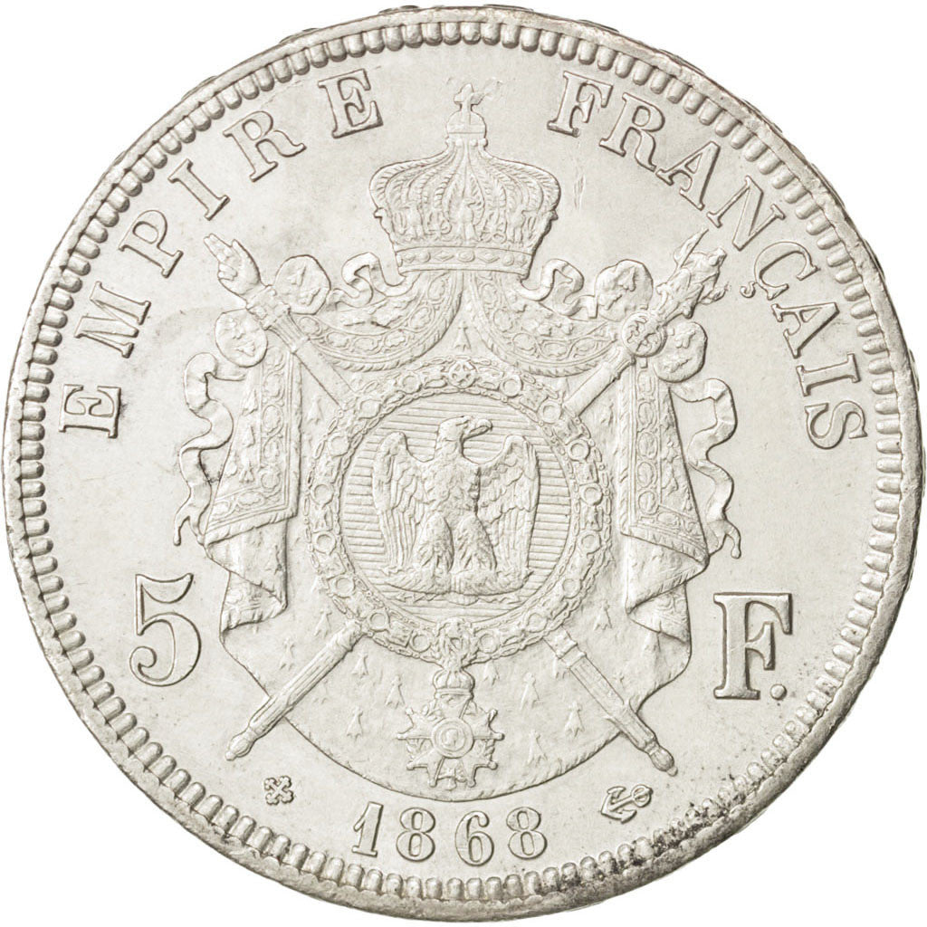 FRANCE, Napoléon III, 5 Francs, 1868, Strasbourg, KM #799.2, AU(55-58), Silver,