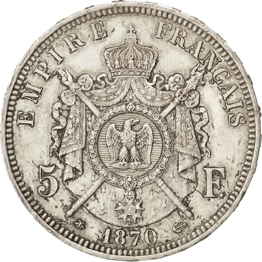 FRANCE, Napoléon III, 5 Francs, 1870, Paris, KM #799.1, AU(55-58), Silver, G...