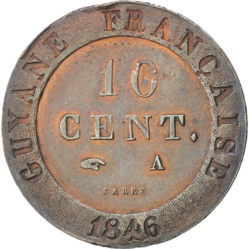 FRENCH GUIANA, 10 Centimes, 1846, Paris, KM #A2, EF(40-45), Billon, Lecompte...