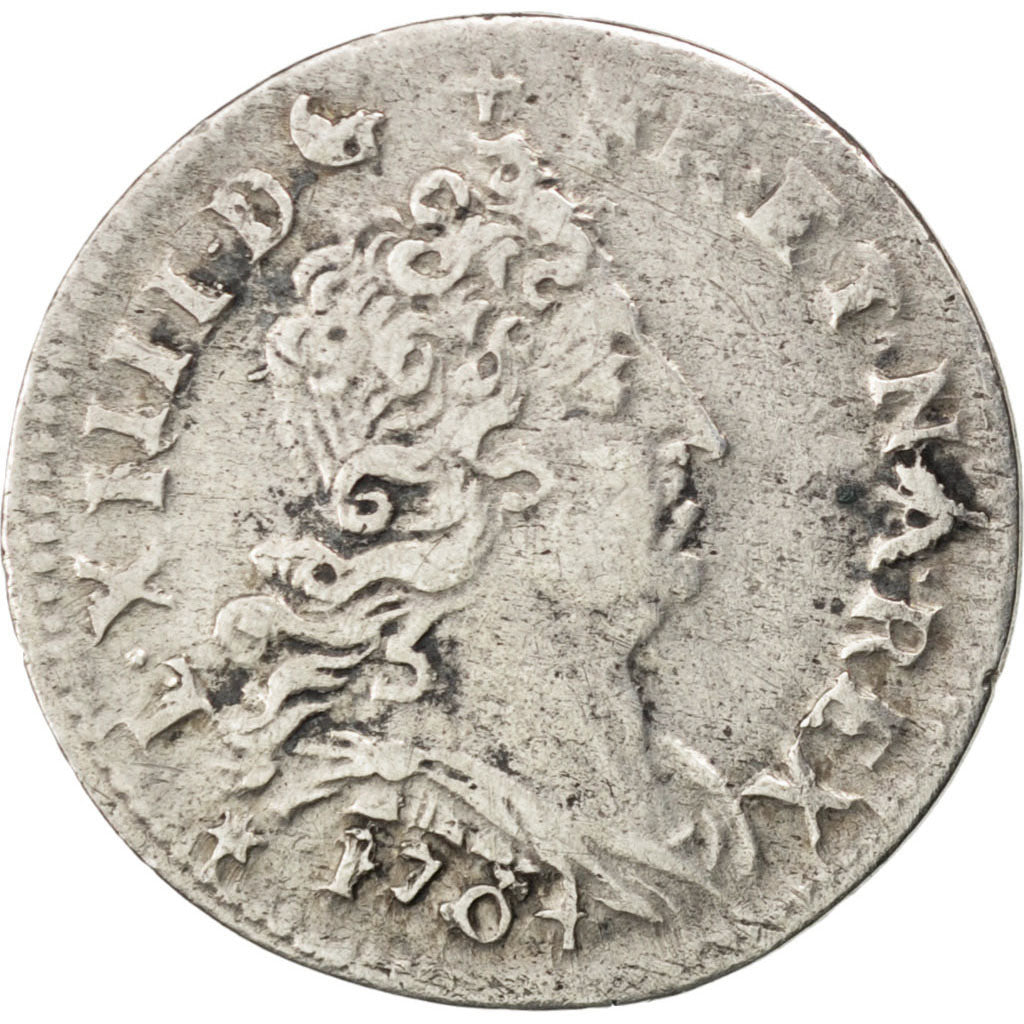 FRANCE, 5 Sols aux insignes, 5 Sols, 1/16 ECU, 1704, Strasbourg, KM #337.4,...
