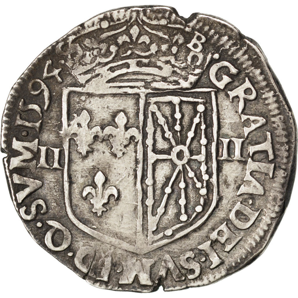 FRANCE, Quart Ecu, 1594, Saint-Palais, EF(40-45), Silver, Sombart #4710, 9.26