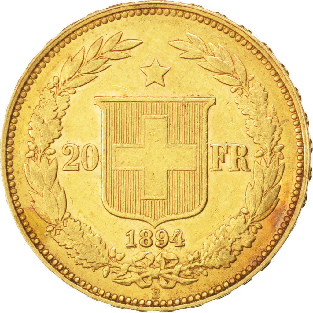 SWITZERLAND, 20 Francs, 1894, Bern, KM #31.3, AU(50-53), Gold, 6.45