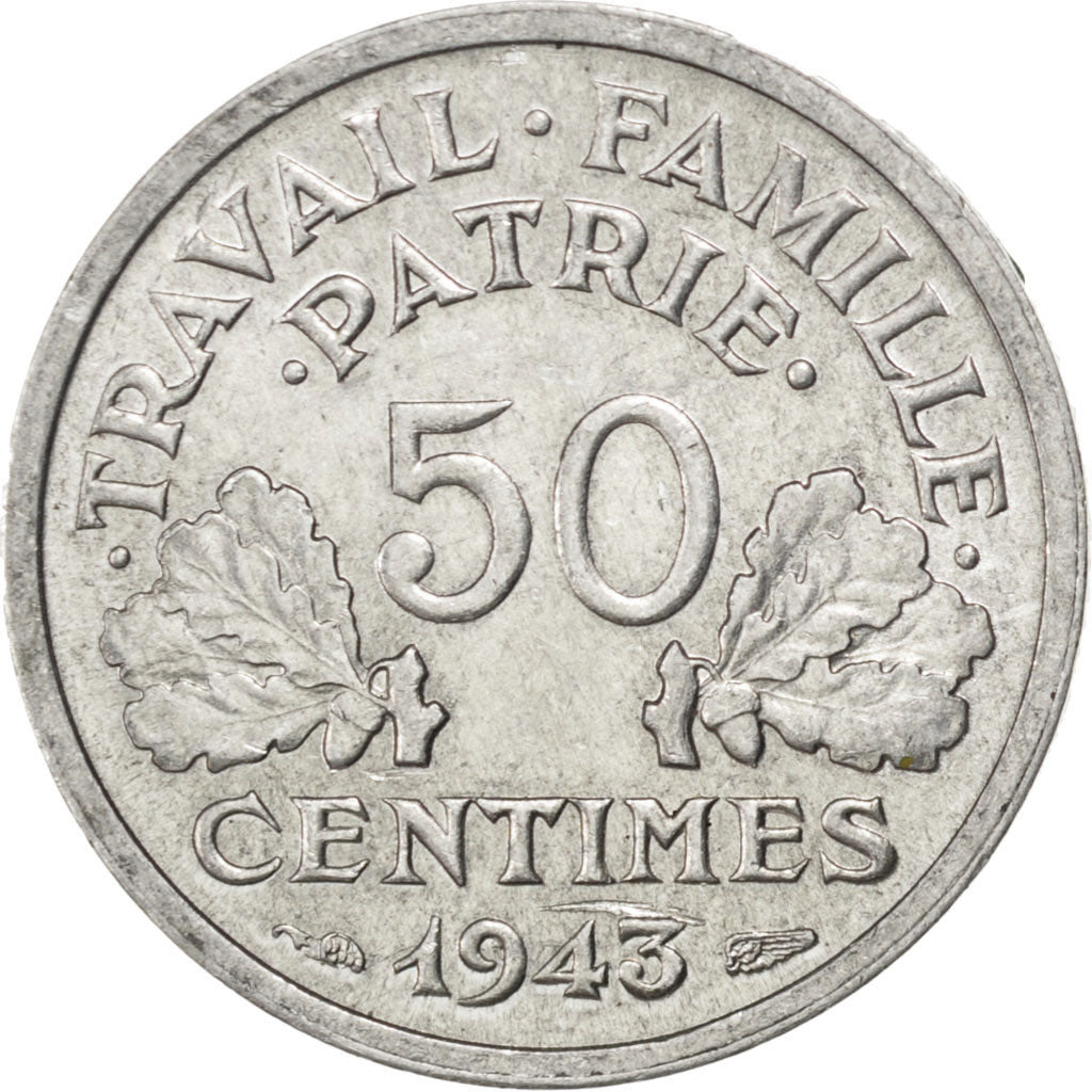 FRANCE, Bazor, 50 Centimes, 1943, Paris, KM #914.1, AU(55-58), Aluminum, 18,...
