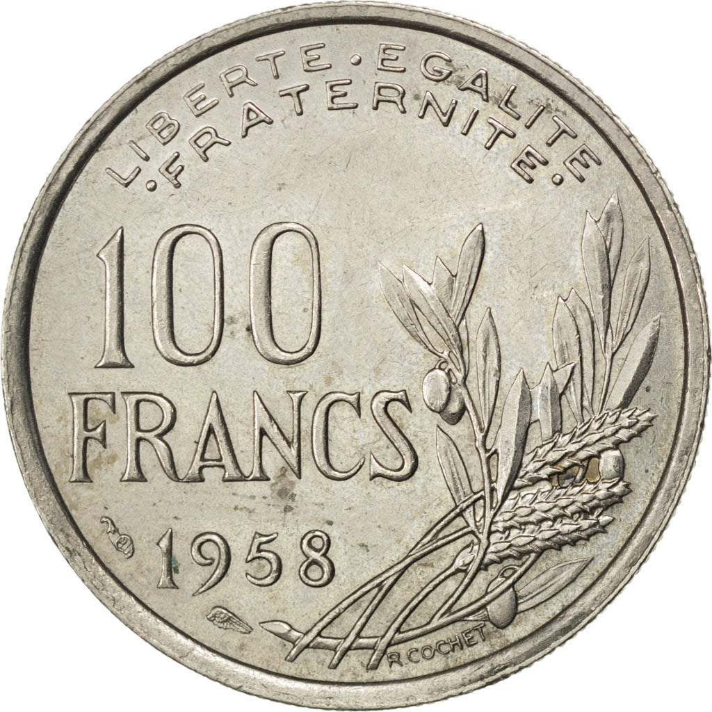 FRANCE, Cochet, 100 Francs, 1958, KM #919.1, AU(55-58), Copper-Nickel, 24,...