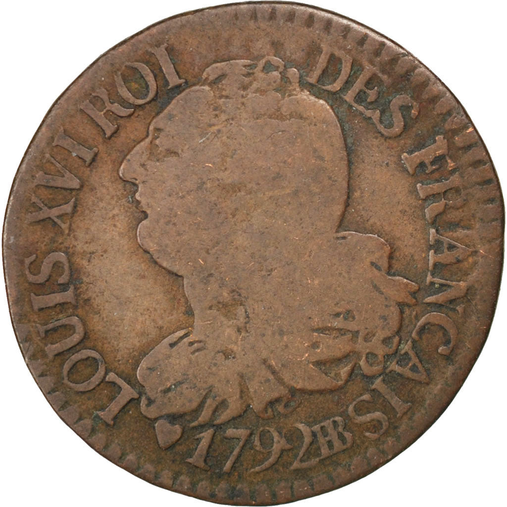 Francia, 3 deniers français, 3 Deniers, Liard, 1792, Strasbourg, B+, Bronzo,...
