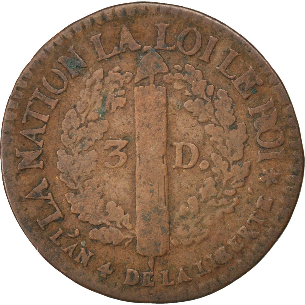 Francia, 3 deniers français, 3 Deniers, Liard, 1792, Strasbourg, B+, Bronzo,...