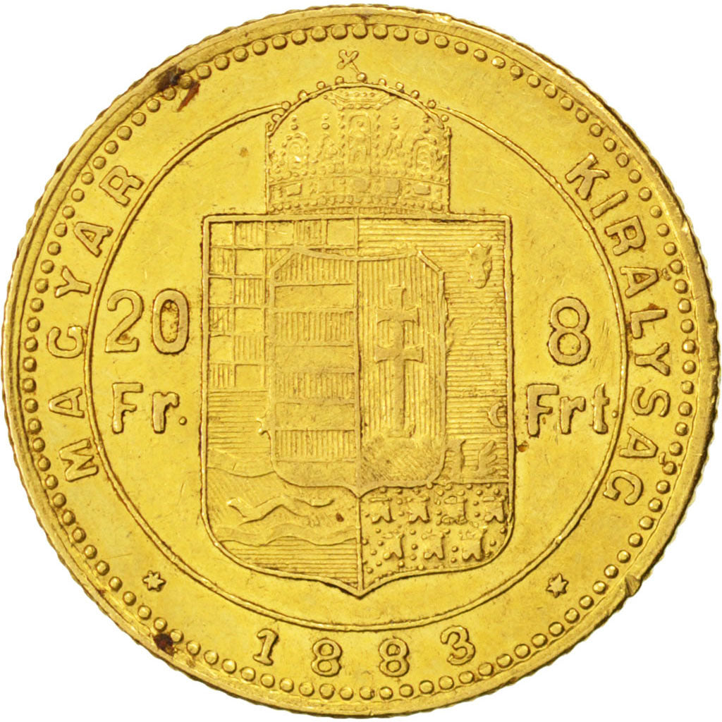 HUNGARY, 8 Forint 20 Francs, 1883, Kormoczbanya, KM #467, AU(50-53), Gold, 6.45