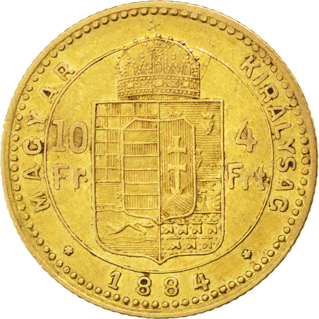 HUNGARY, 4 Forint 10 Francs, 1884, KM #466, EF(40-45), Gold, 3.19