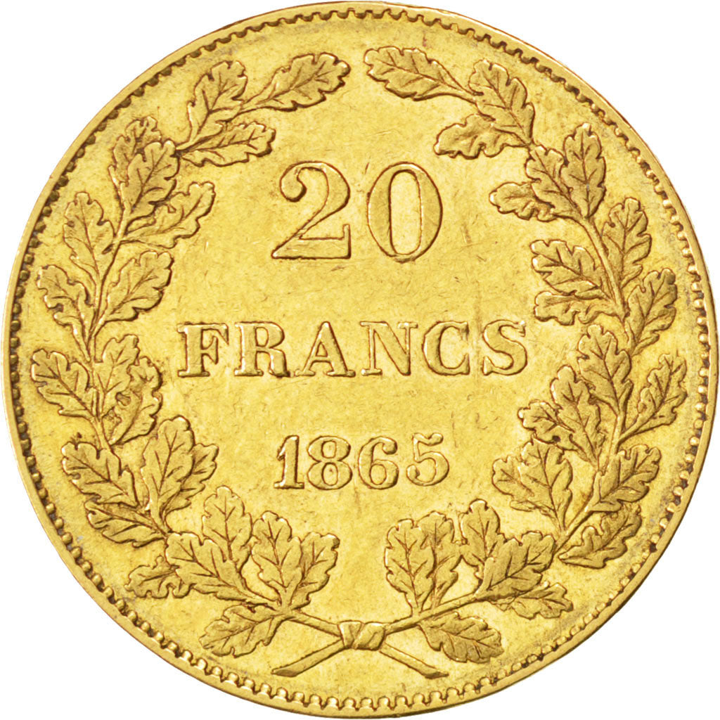 BELGIUM, 20 Francs, 20 Frank, 1865, KM #23, AU(50-53), Gold, 6.45