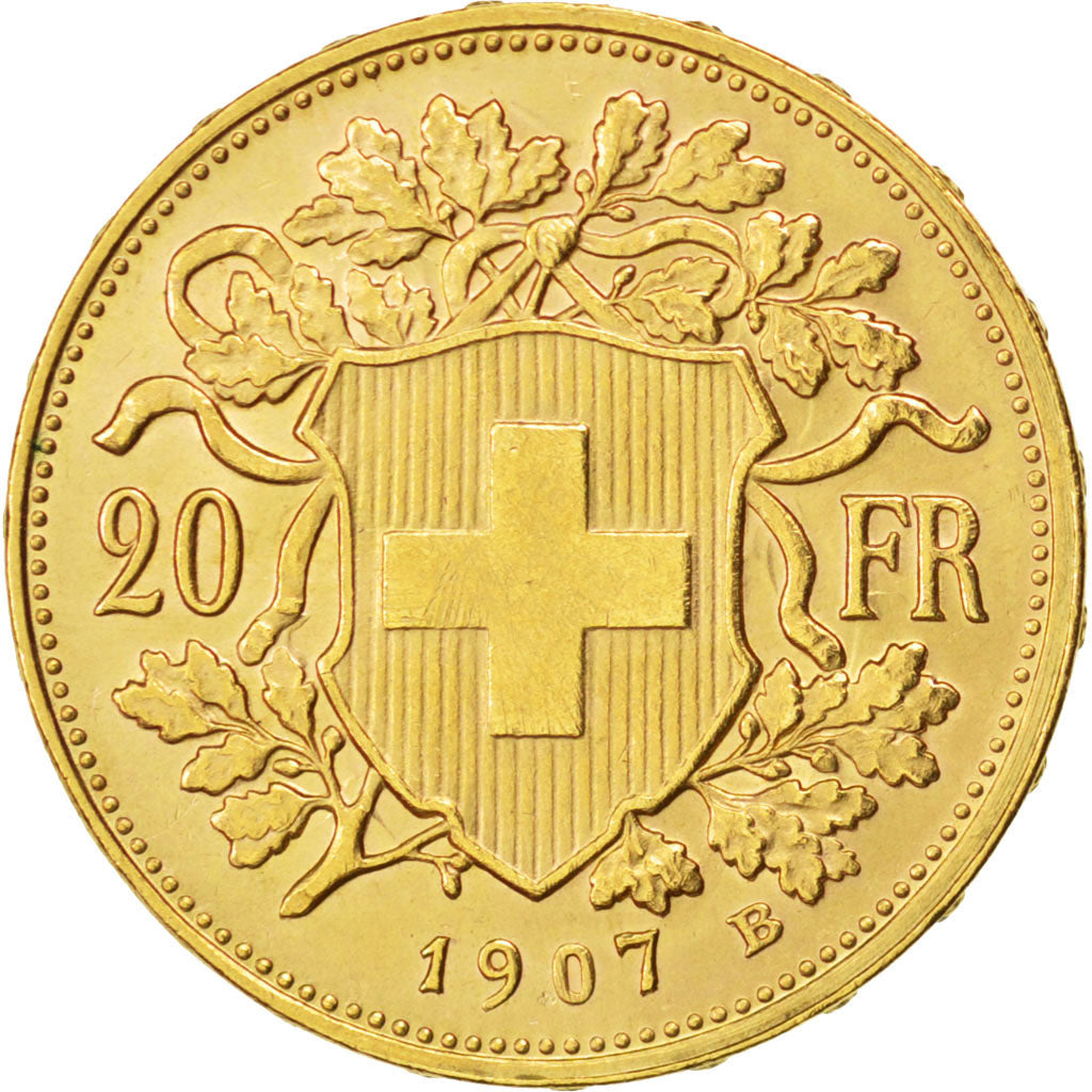 SWITZERLAND, 20 Francs, 1907, Bern, KM #35.1, AU(50-53), Gold, 6.49