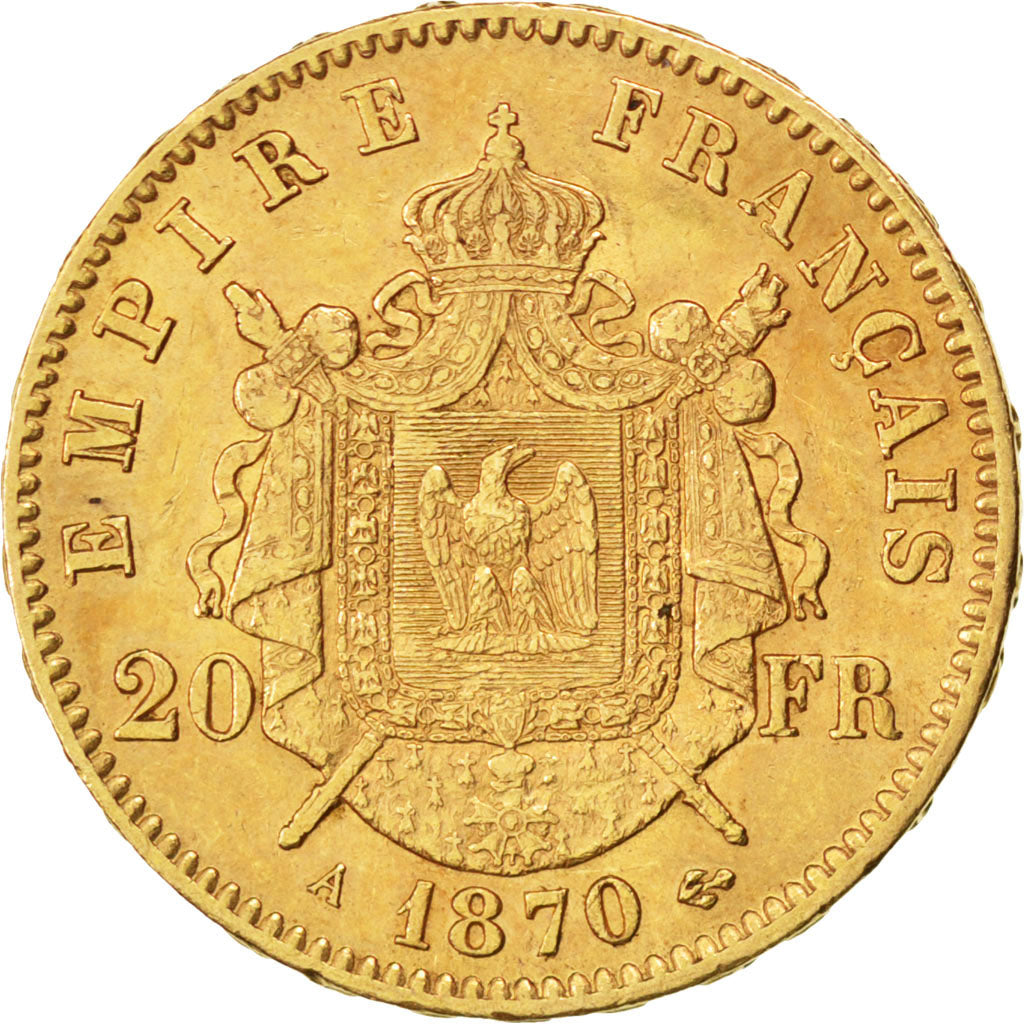 Second Empire, 20 francs or Napoléon III tête laurée, 1870 A, Paris, KM 801.1