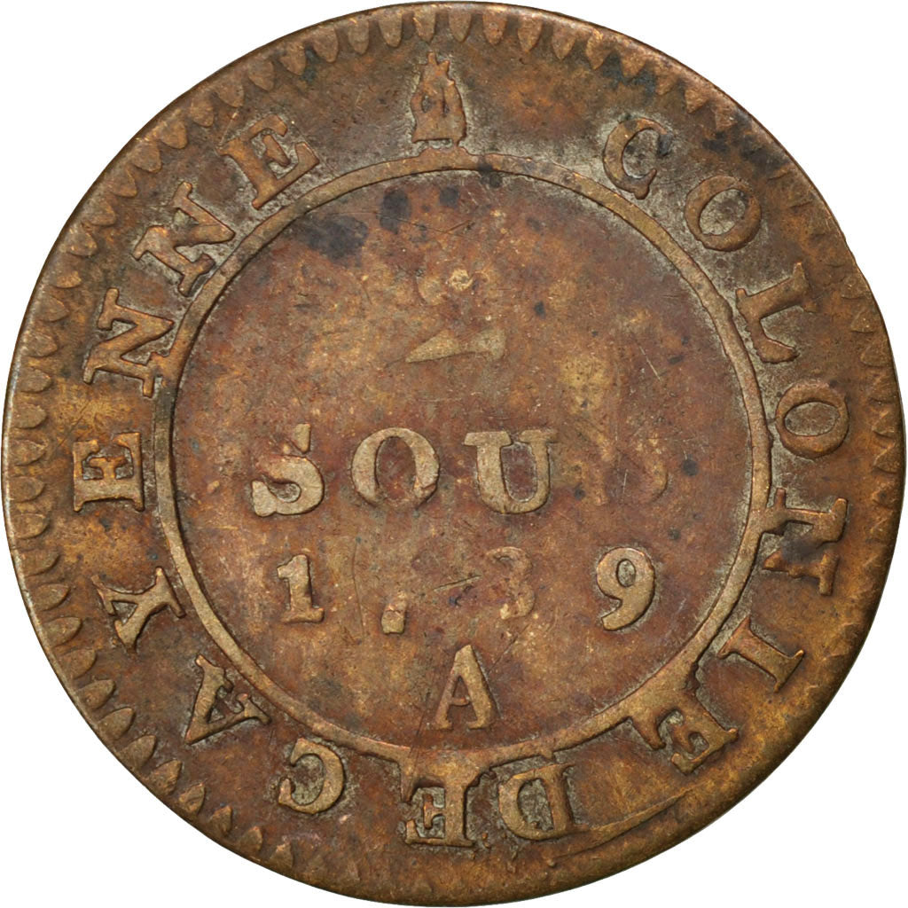 FRENCH GUIANA, 2 Sous, 1789, Paris, KM #1, VF(20-25), Billon, 23, 1.77