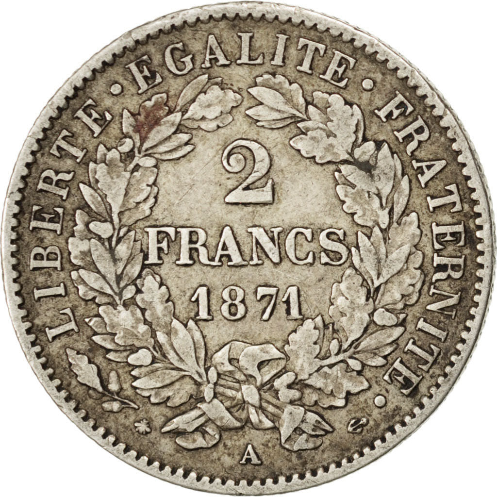 FRANCE, Cérès, 2 Francs, 1871, Paris, KM #817.1, EF(40-45), Silver, 27, Gadoury