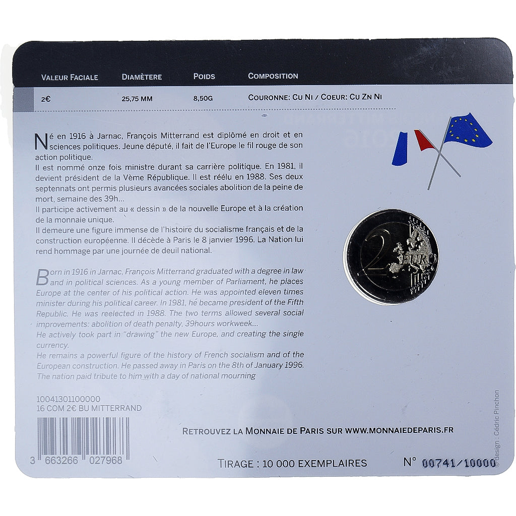 France, 2 Euro, François Mitterrand, 2016, BU, MS(65-70), Bi-Metallic
