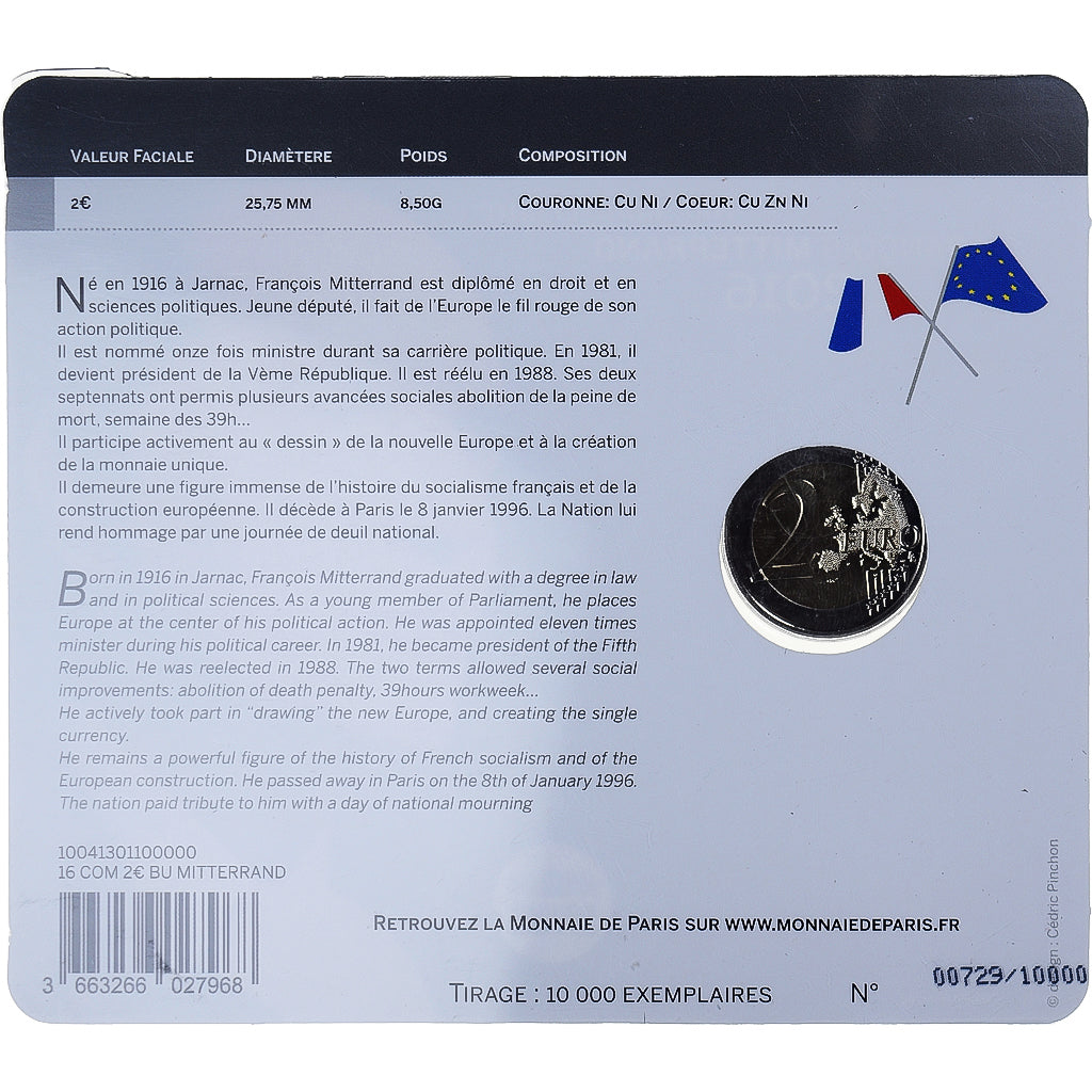 France, 2 Euro, François Mitterrand, 2016, BU, MS(65-70), Bi-Metallic