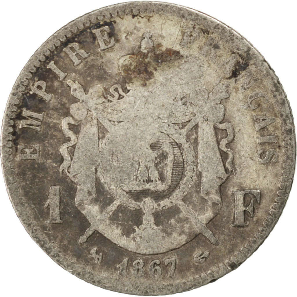 Second Empire, 1 Franc Napoléon III tête laurée, 1867 K, Bordeaux, Satirique, Ga