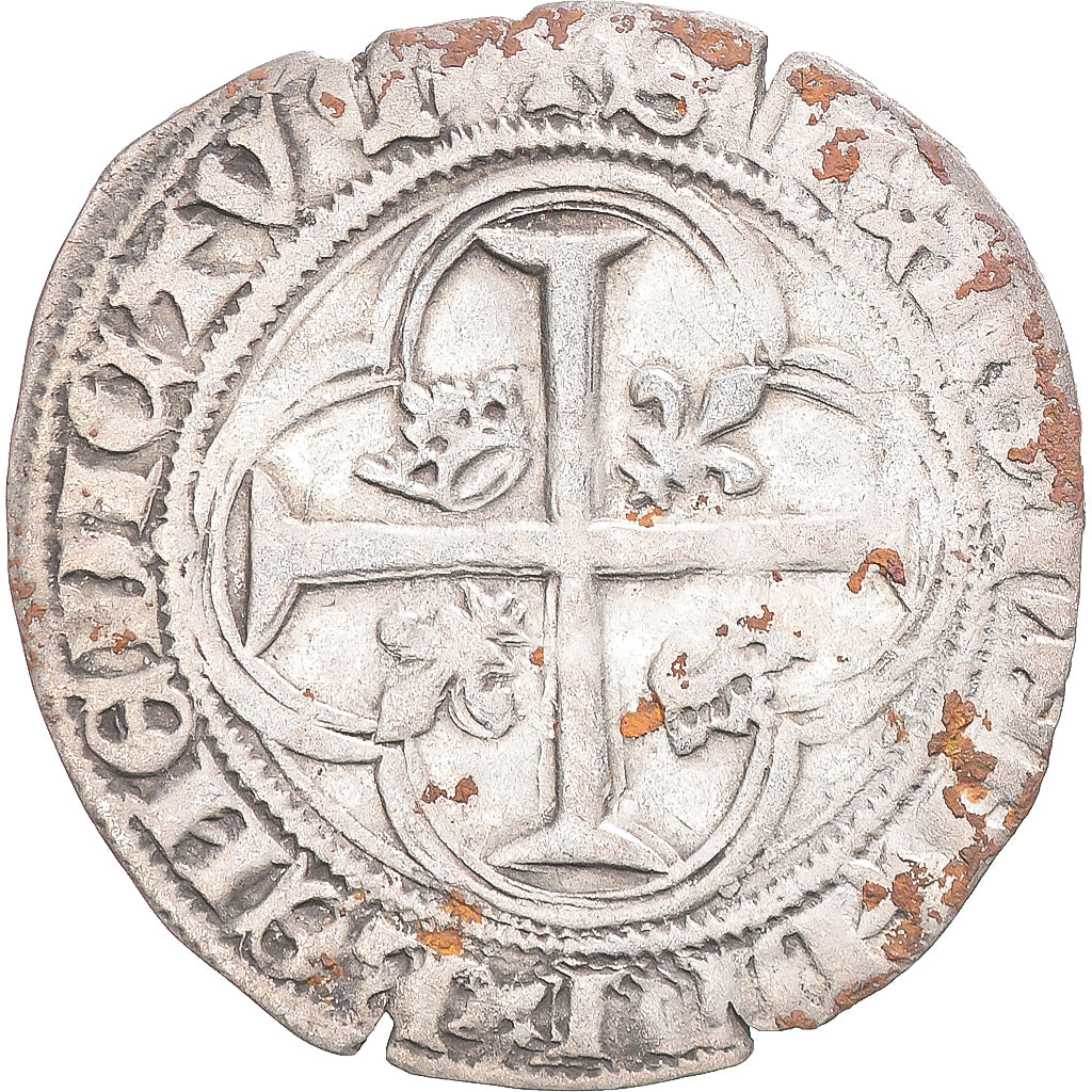 Moeda, França, Charles VII, Blanc à la couronne, Tournai, AU(50-53), Prata