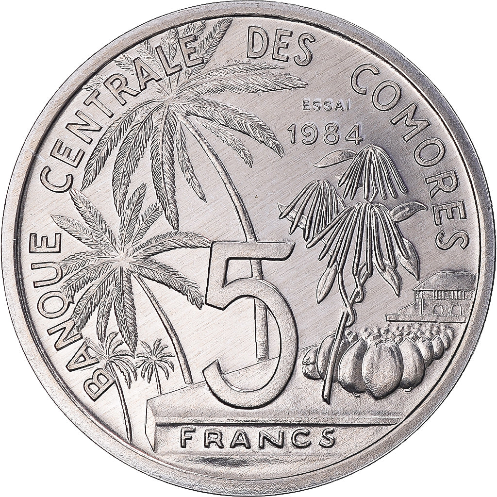 Coin, Comoros, 5 Francs, 1984, Monnaie de Paris, ESSAI, MS(65-70), Aluminum
