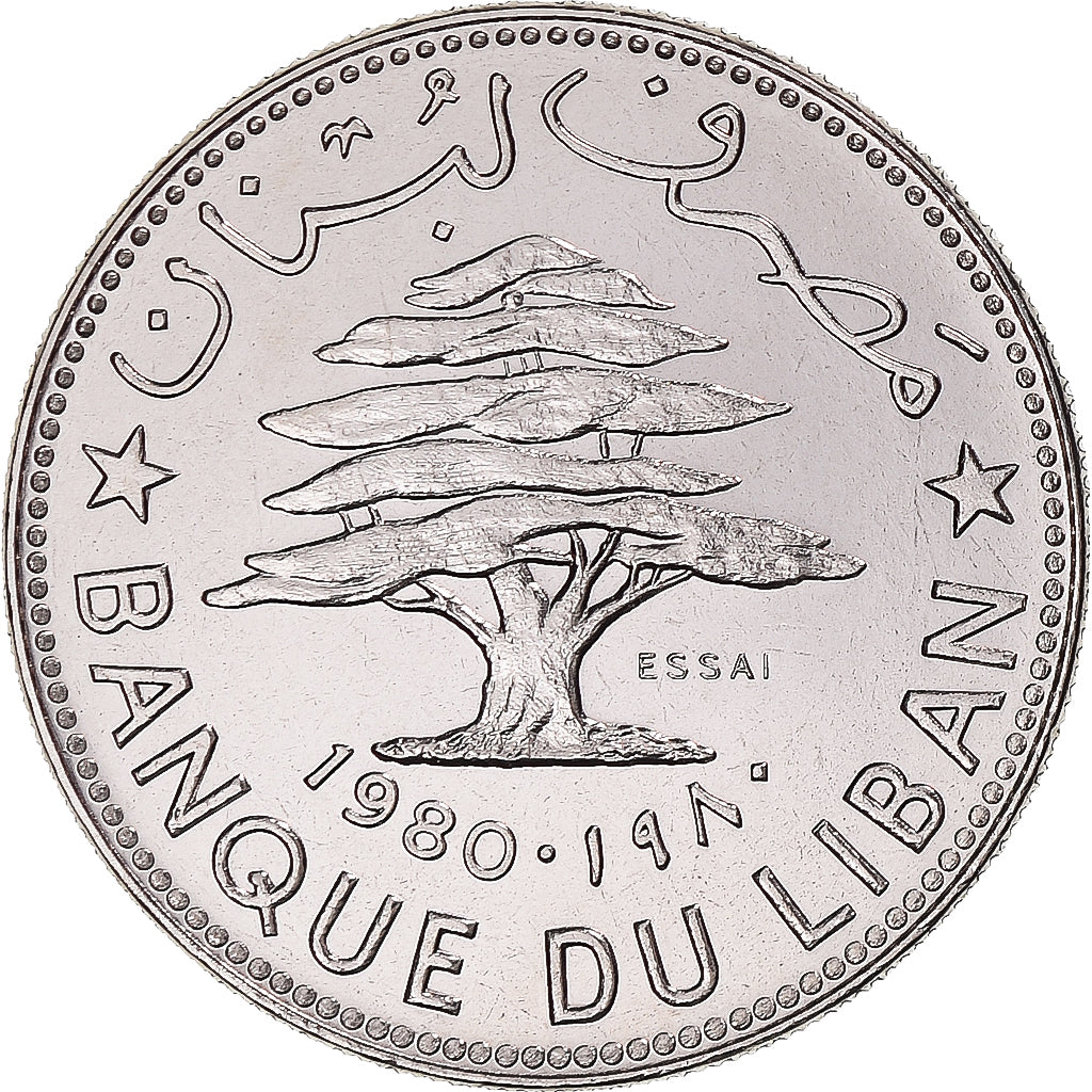 Moeda, Líbano, 50 Piastres, 1980, Monnaie de Paris, ENSAIO, MS(65-70), Níquel