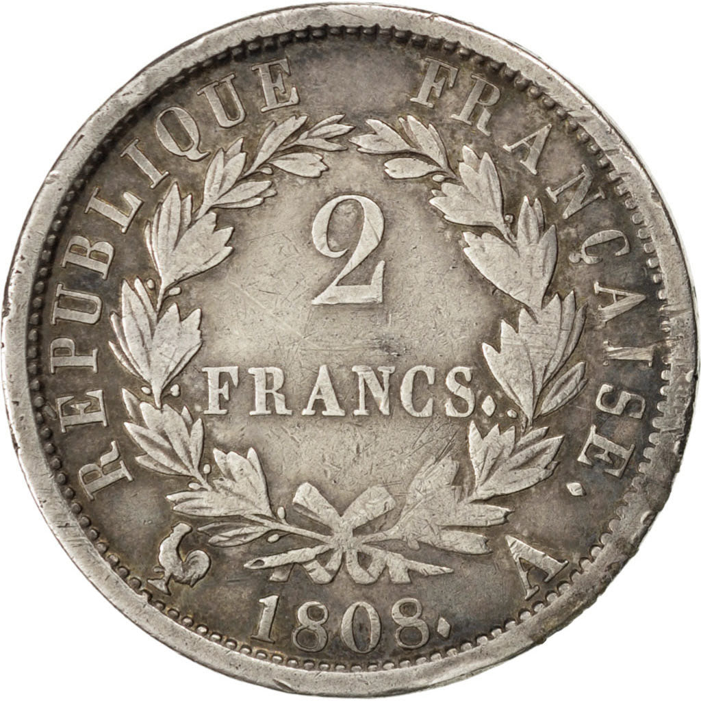 FRANCE, Napoléon I, 2 Francs, 1808, Paris, KM #684.1, VF(30-35), Silver, Gadoury