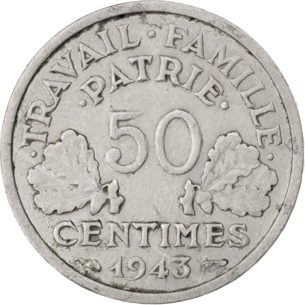 FRANCE, Bazor, 50 Centimes, 1943, Paris, KM #914.1, AU(50-53), Aluminum, 18,...