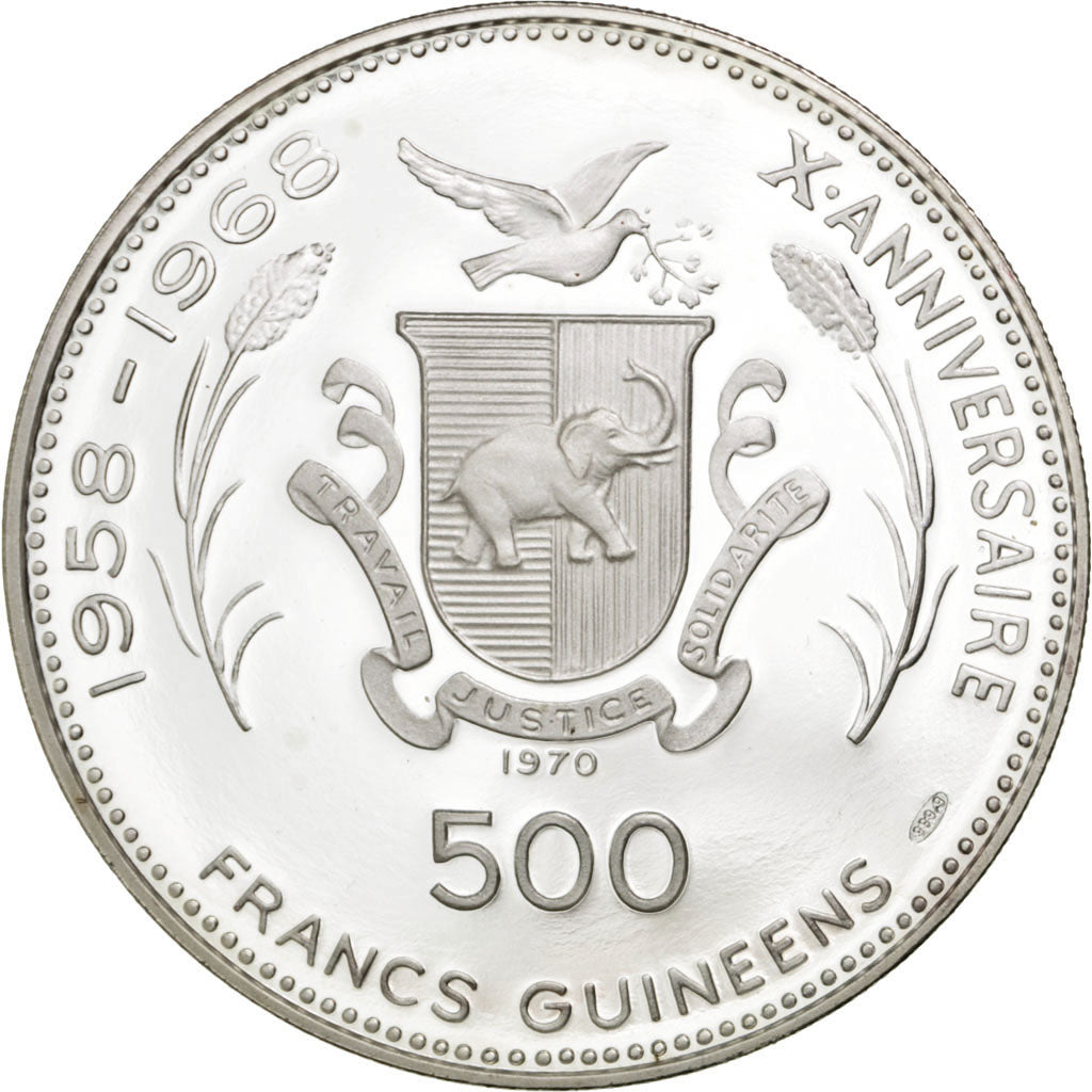GUINEA, 500 Francs, 1970, KM #25, MS(65-70), Silver, 42, 28.50