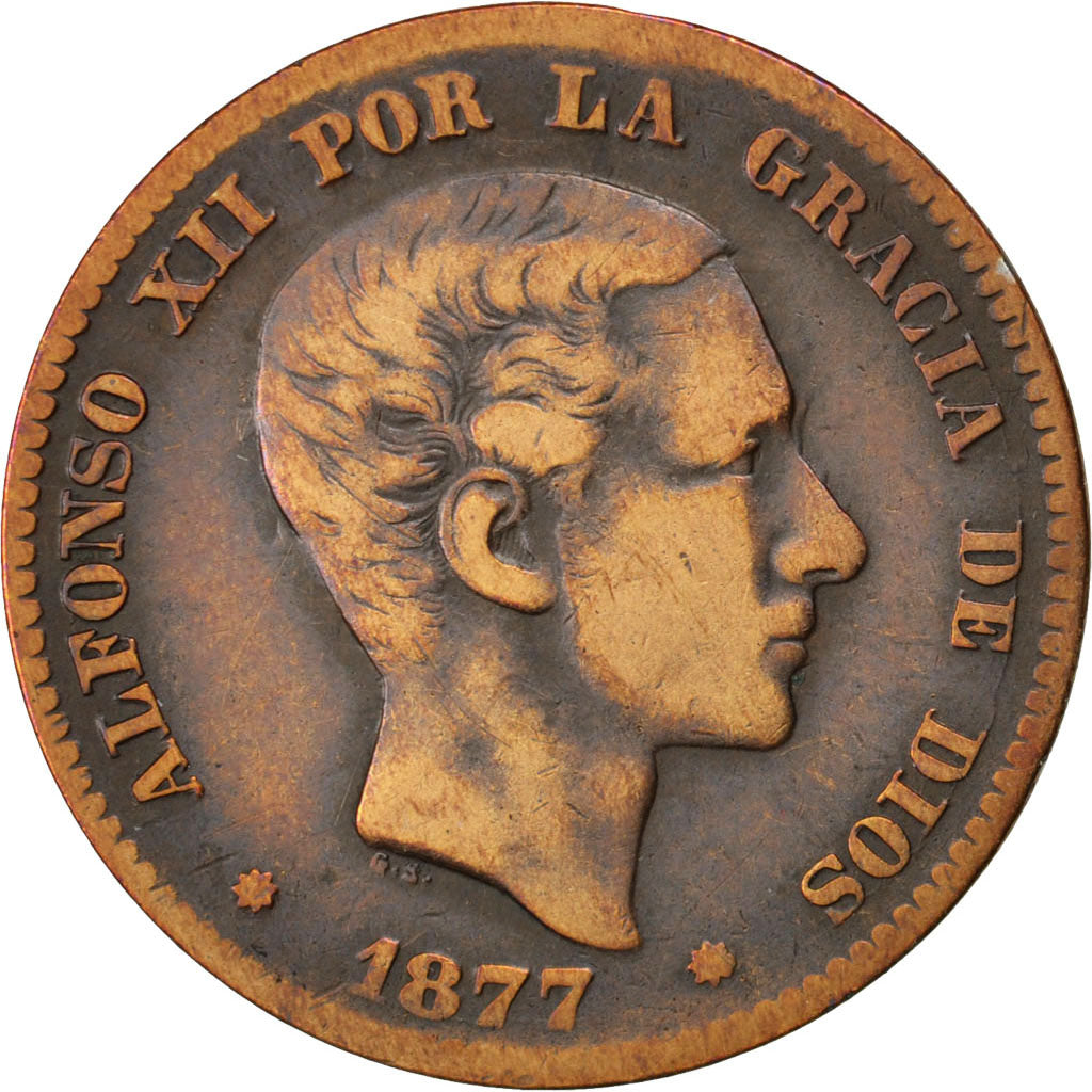 Spain, 10 Centimos, 1877, KM #675, VF(20-25), Bronze, 9.58