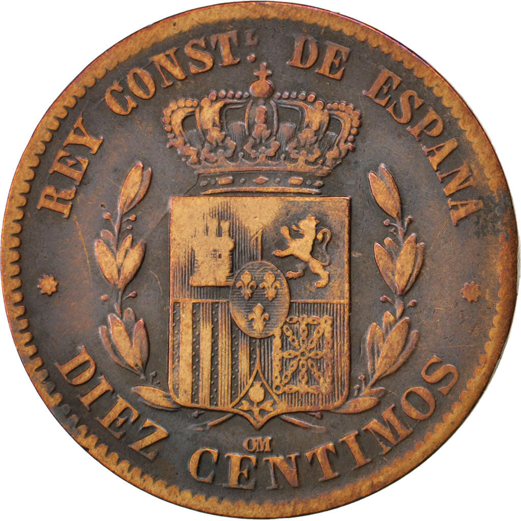 Spain, 10 Centimos, 1877, KM #675, VF(20-25), Bronze, 9.58