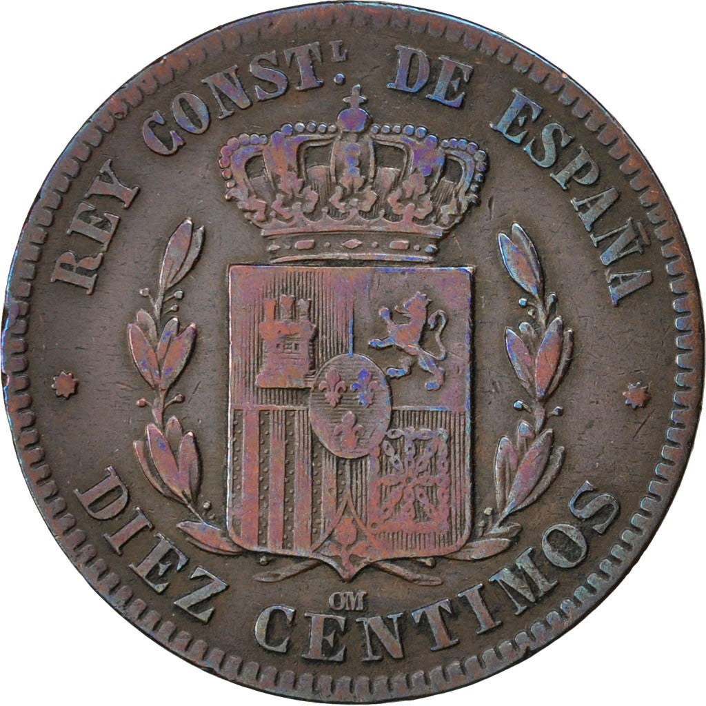 Coin, Spain, Alfonso XII, 10 Centimos, 1877, VF(30-35), Bronze, KM:675
