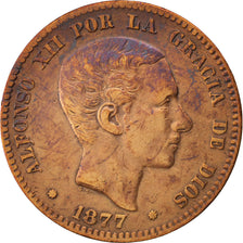 SPAIN, 10 Centimos, 1877, KM #675, EF(40-45), Bronze, 9.89