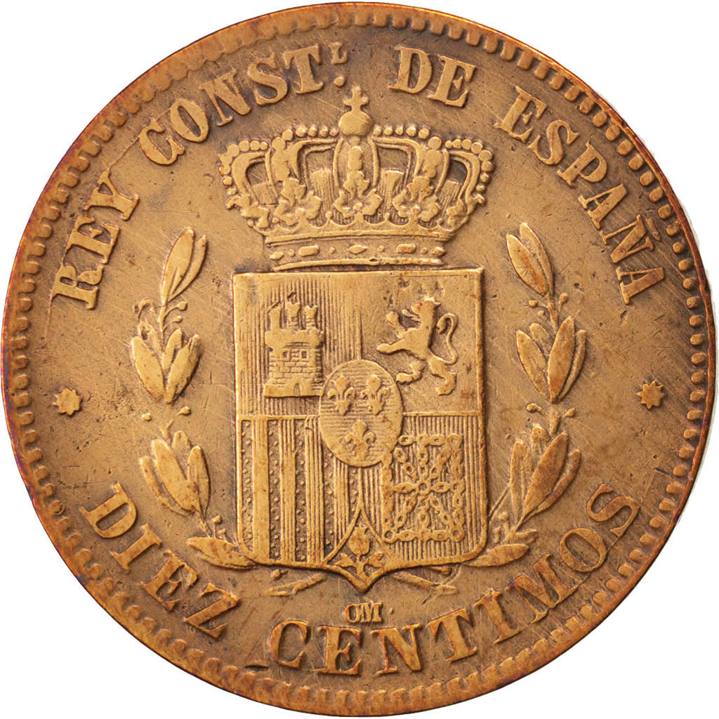 SPAIN, 10 Centimos, 1877, KM #675, EF(40-45), Bronze, 9.89