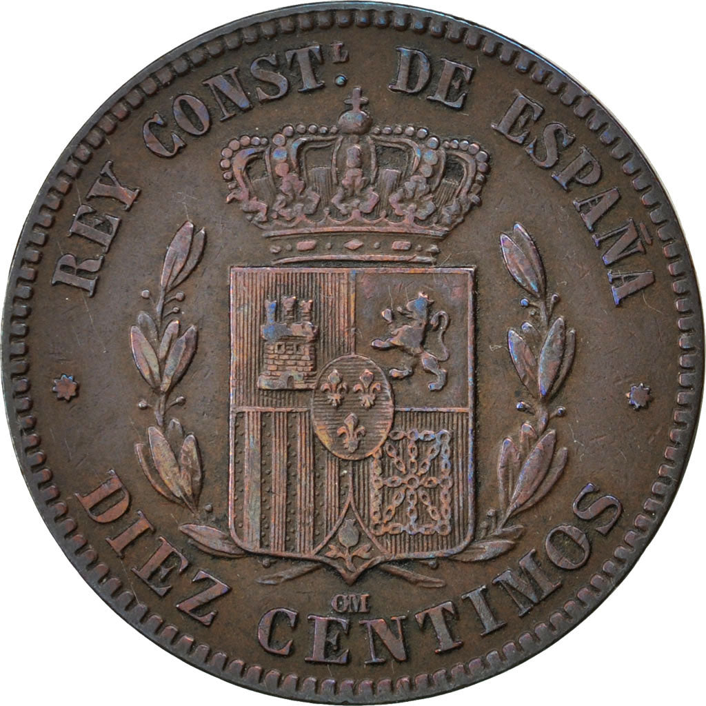 SPAIN, 10 Centimos, 1877, KM #675, EF(40-45), Bronze, 9.81