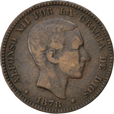 SPAIN, 10 Centimos, 1878, KM #675, VF(20-25), Bronze, 9.90
