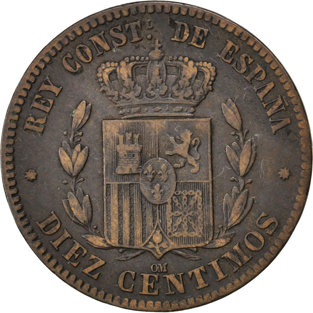 SPAIN, 10 Centimos, 1878, KM #675, VF(20-25), Bronze, 9.90
