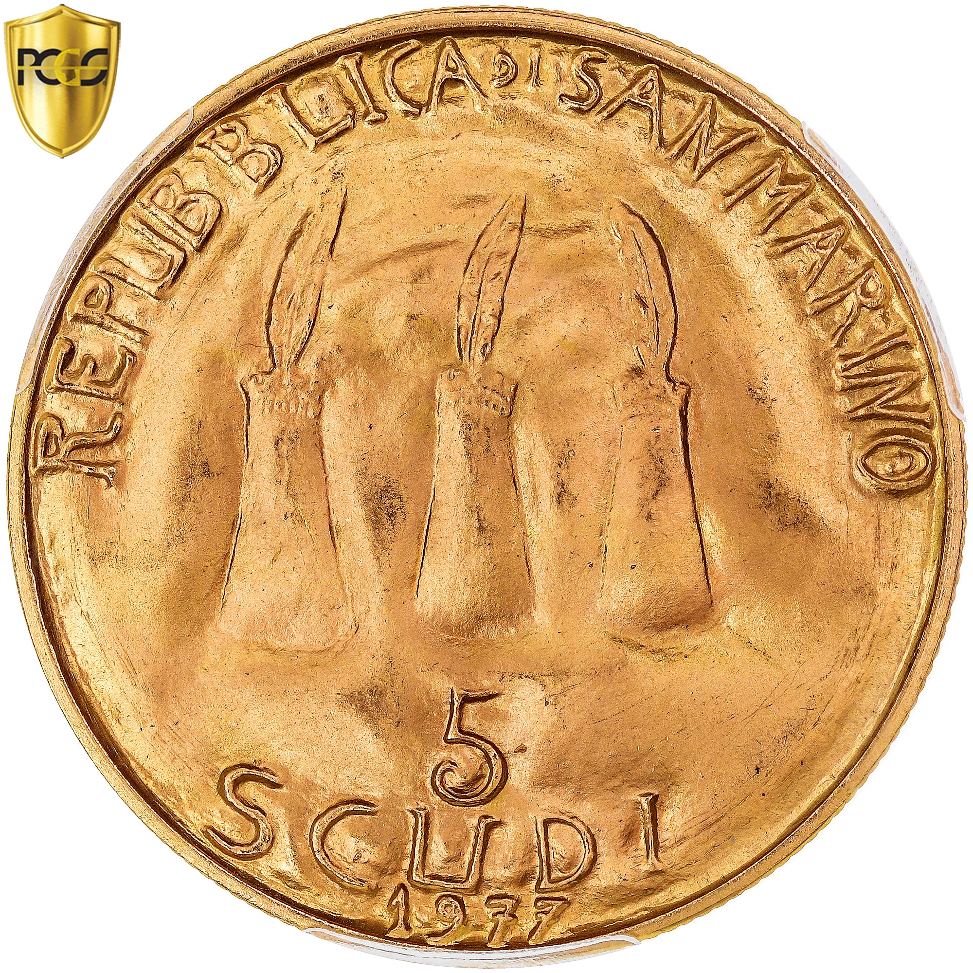 Moneta, San Marino, DEMOCRAZIA, 5 Scudi, 1977, Rome, PCGS, MS67, FDC, Oro