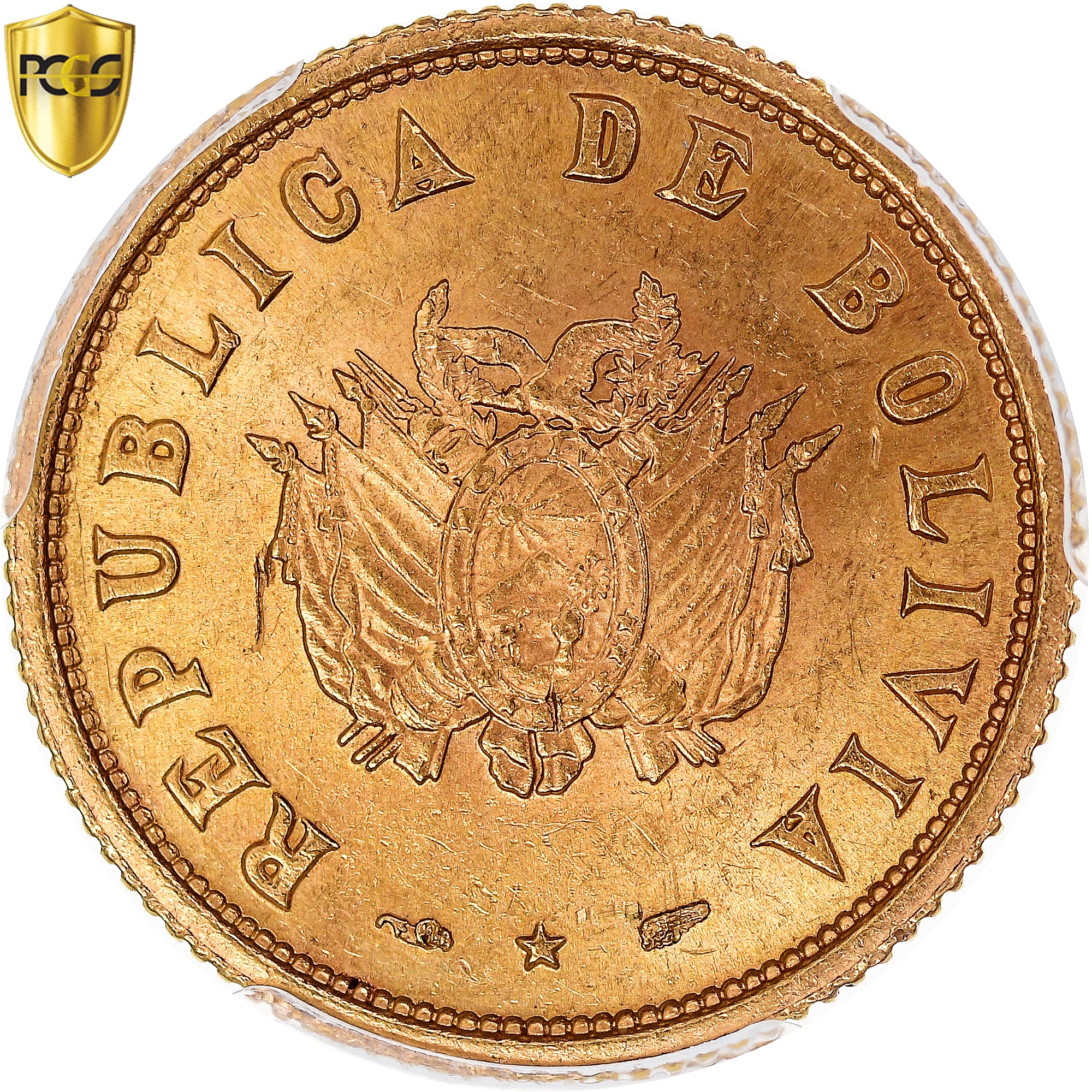 Coin, Bolivia, 7 Gramos, 10 Bolivianos, 1952, Paris, PCGS, MS63, MS(63), Gold
