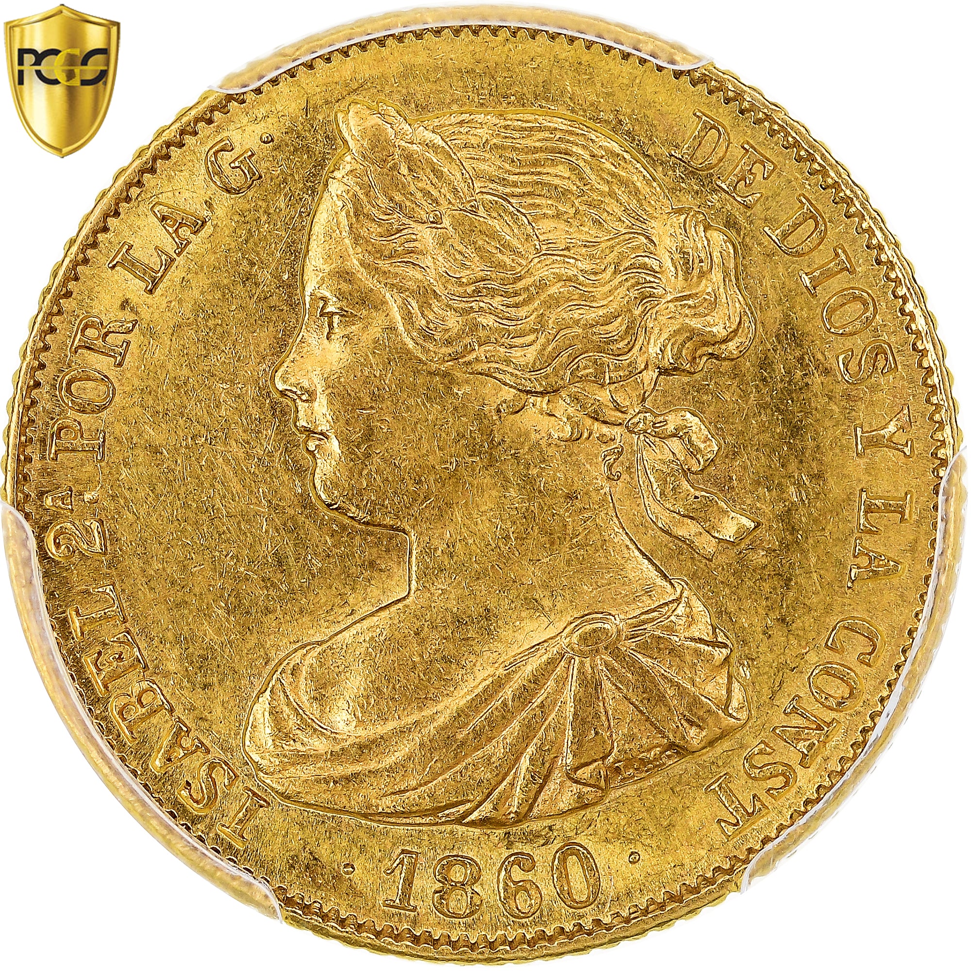Coin, Spain, Isabel II, 100 Reales, 1860, Seville, PCGS, AU58, AU(55-58), Gold