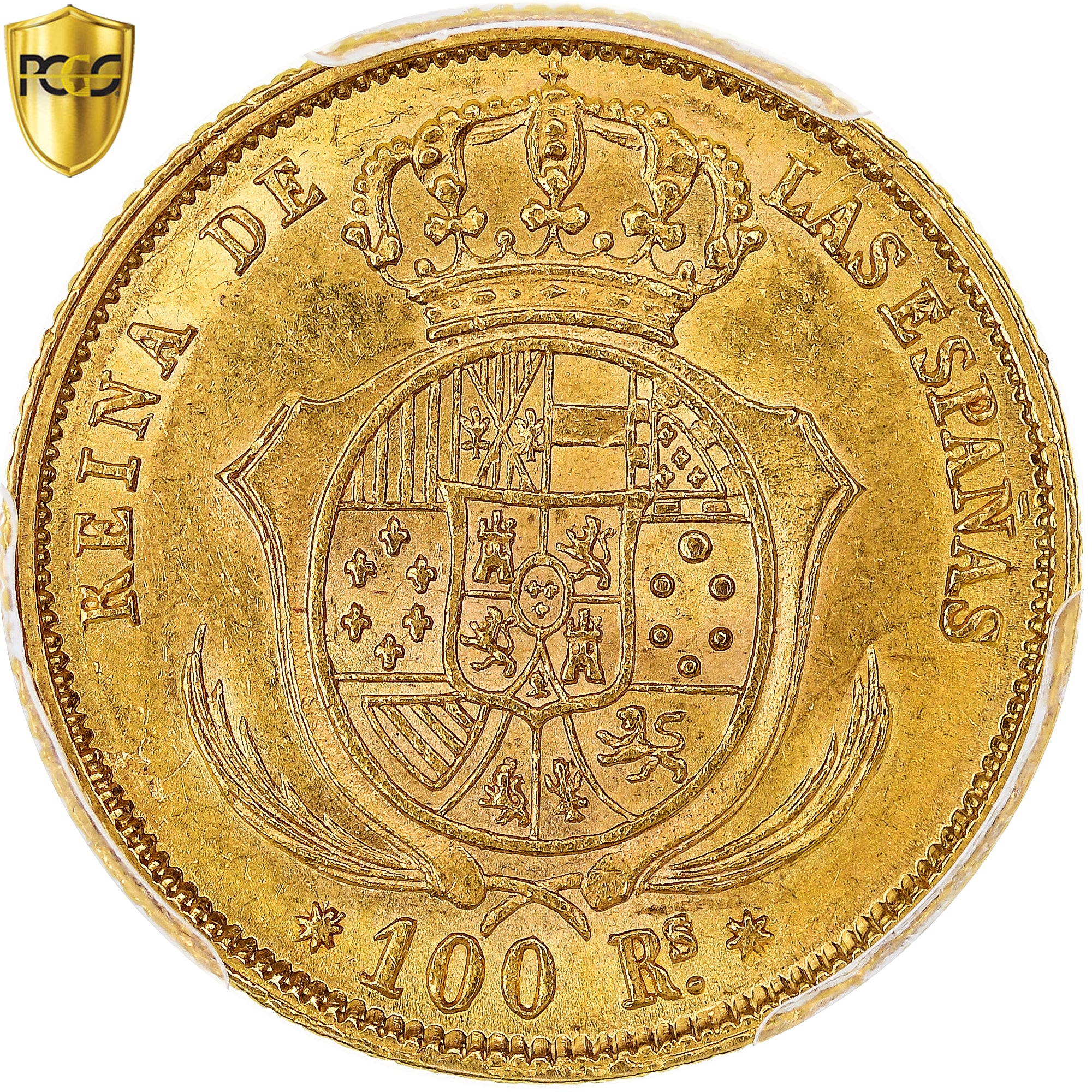 Coin, Spain, Isabel II, 100 Reales, 1860, Seville, PCGS, AU58, AU(55-58), Gold