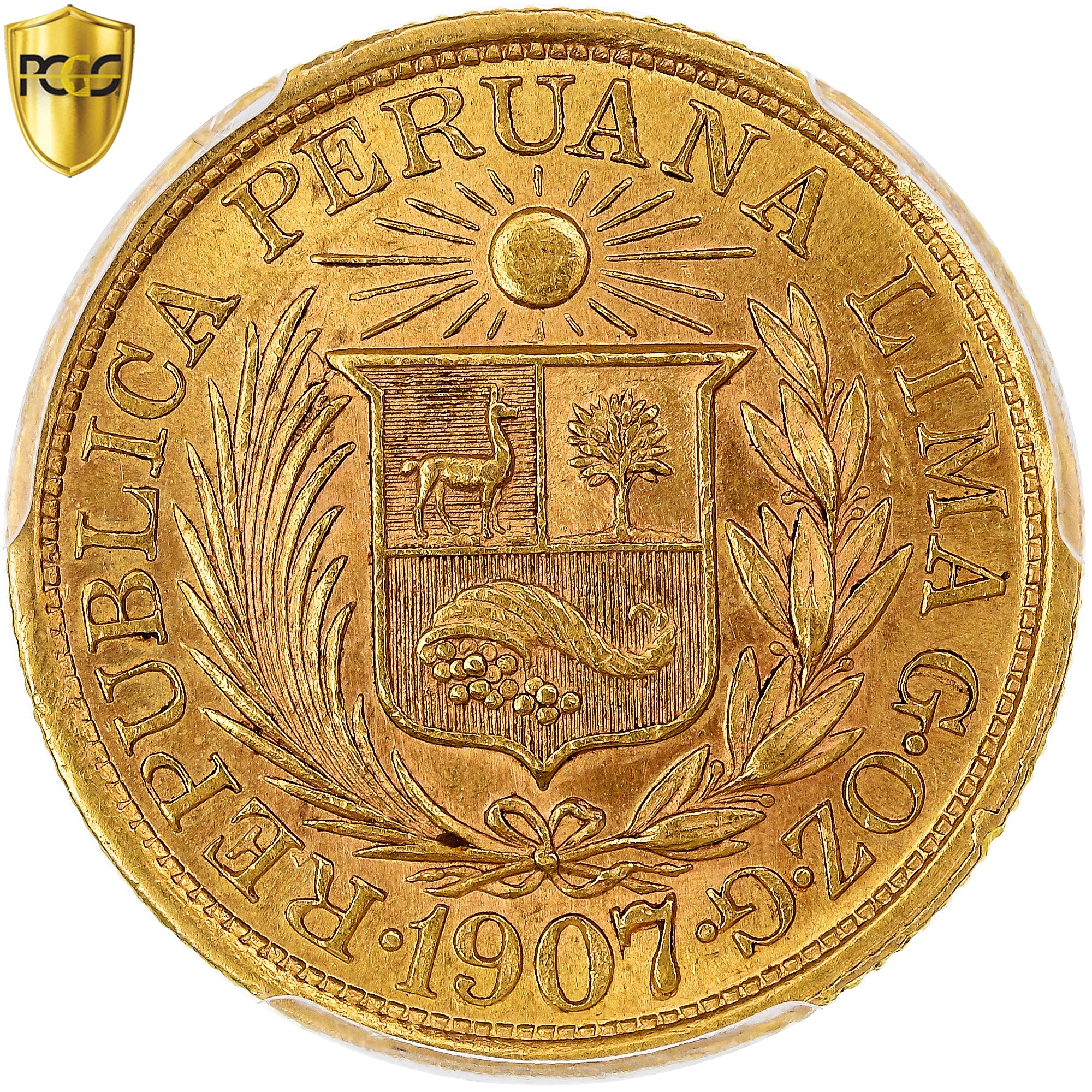 Moneda, Perú, Libra, 1907, Lima, GOZG, PCGS, AU58, EBC, Oro, KM:207, graded